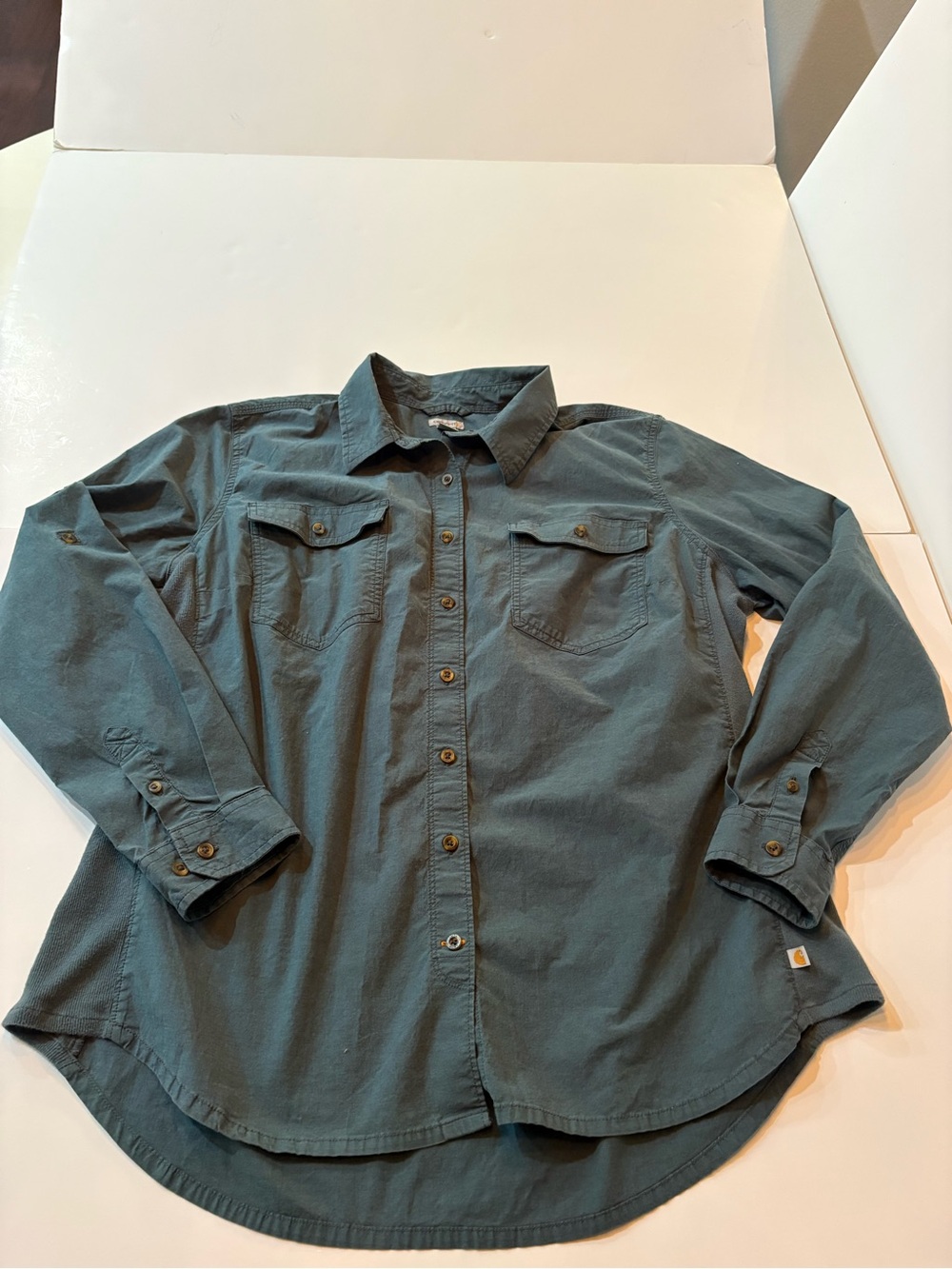 Carhartt Casual Button-Up Shirt in Green with stretch panels on the side, 1X